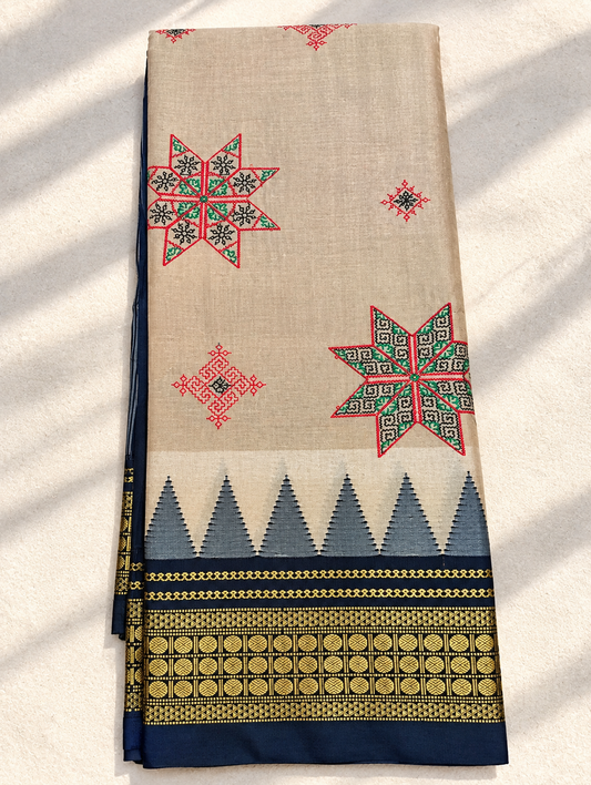 Beige Kasuti Ilkal Saree with Black Coin Border