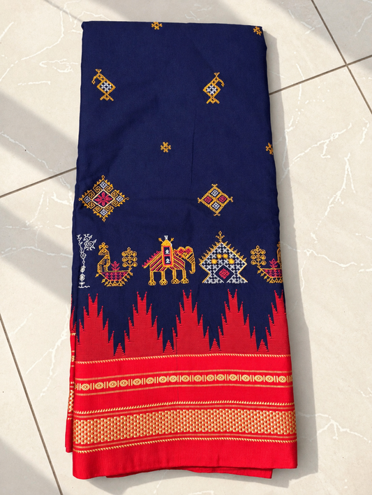 Navy Blue Kasuti Ilkal Saree with Red Border