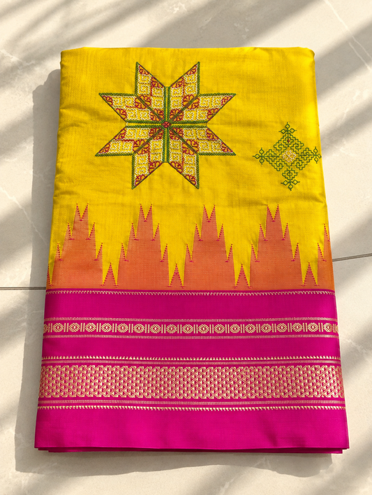 Yellow Kasuti Ilkal Saree with Pink Border